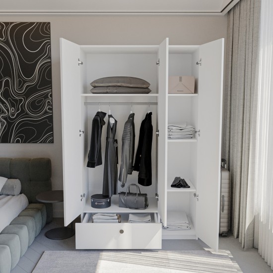 3 Kapaklı Çekmeceli Elbise Dolabı